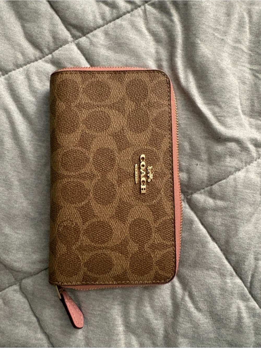 COACH Signature Brown and Pink Zip Around Wallet
